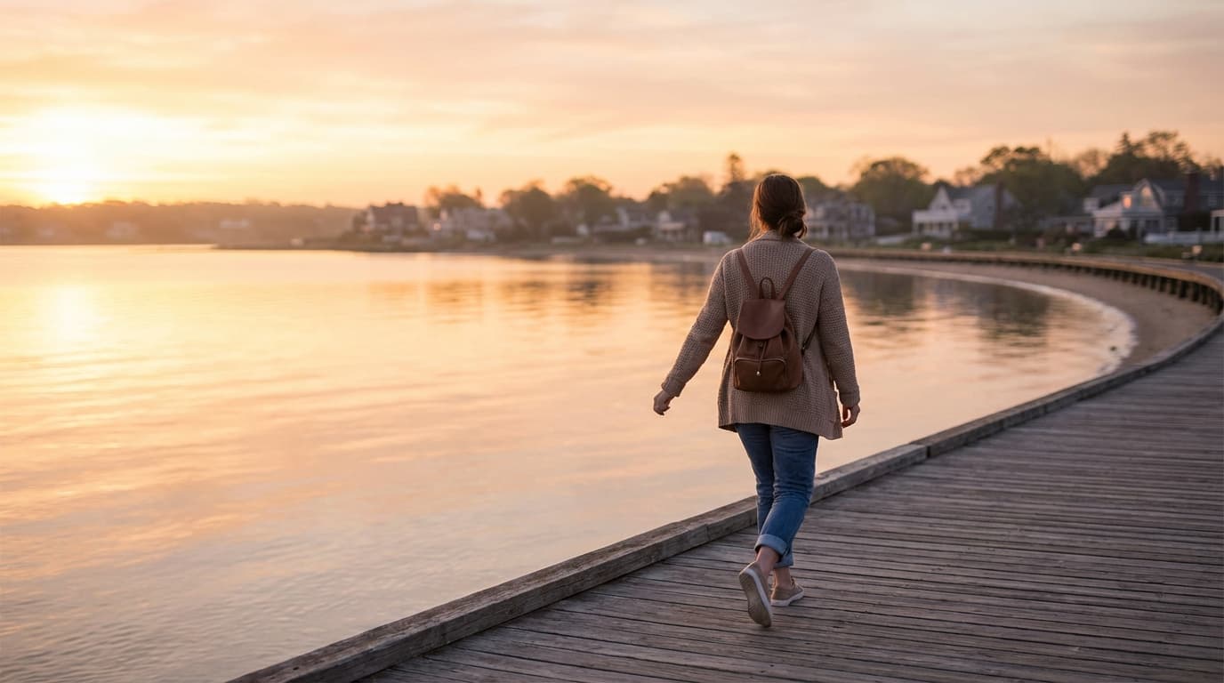 Woman walking along a waterfront boardwalk at sunset