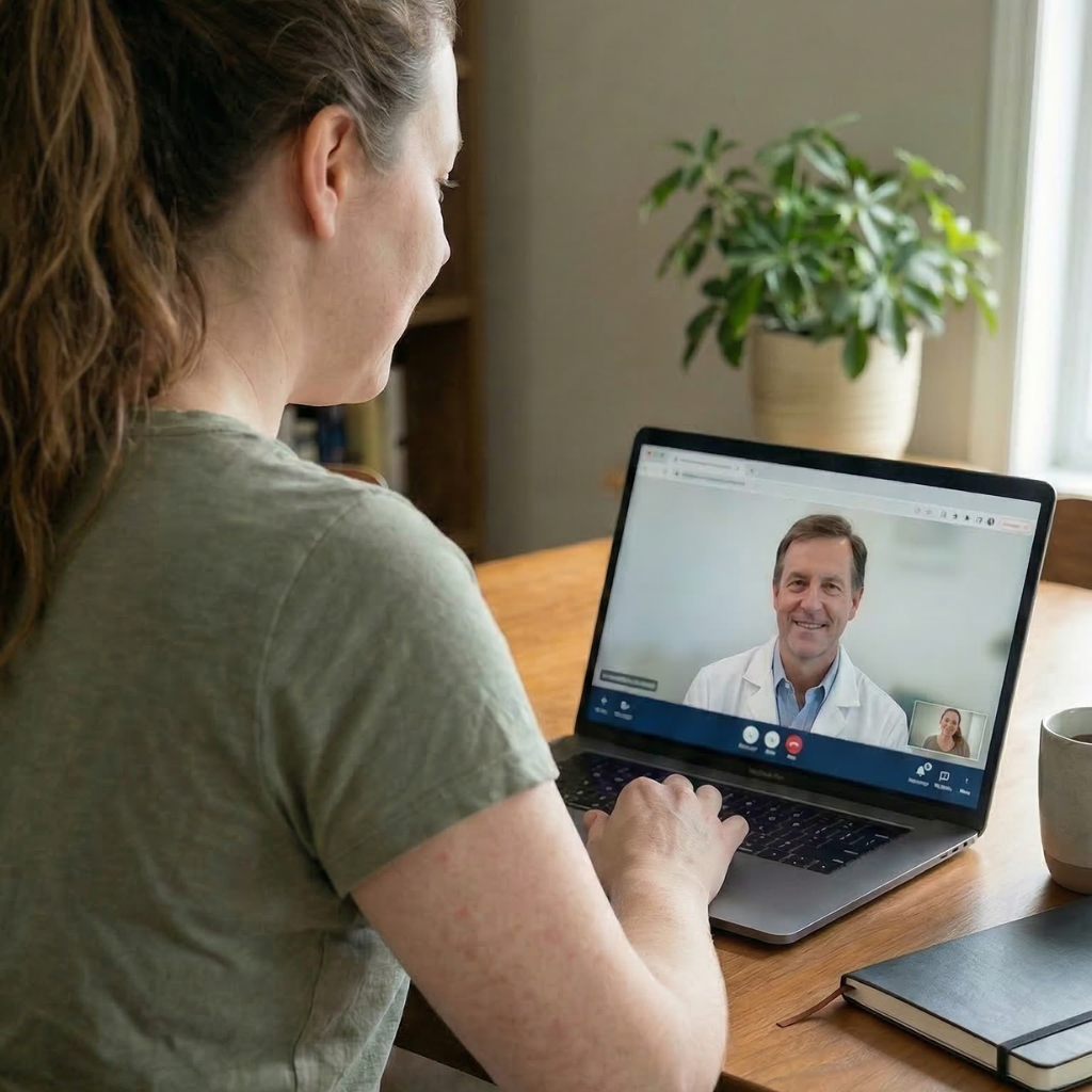 Woman having a telehealth video call with a physician on her laptop at home