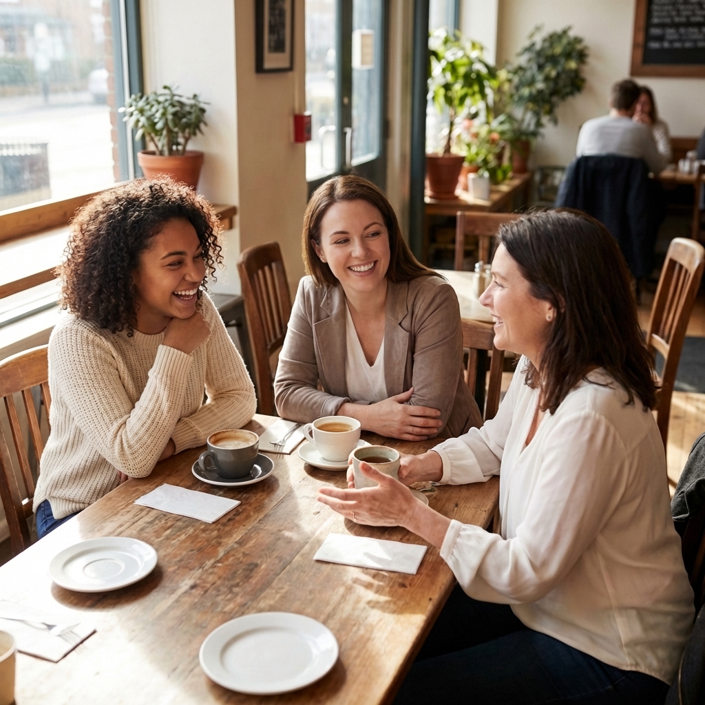 Three women laughing together over coffee at a cafe, sharing connection and joy