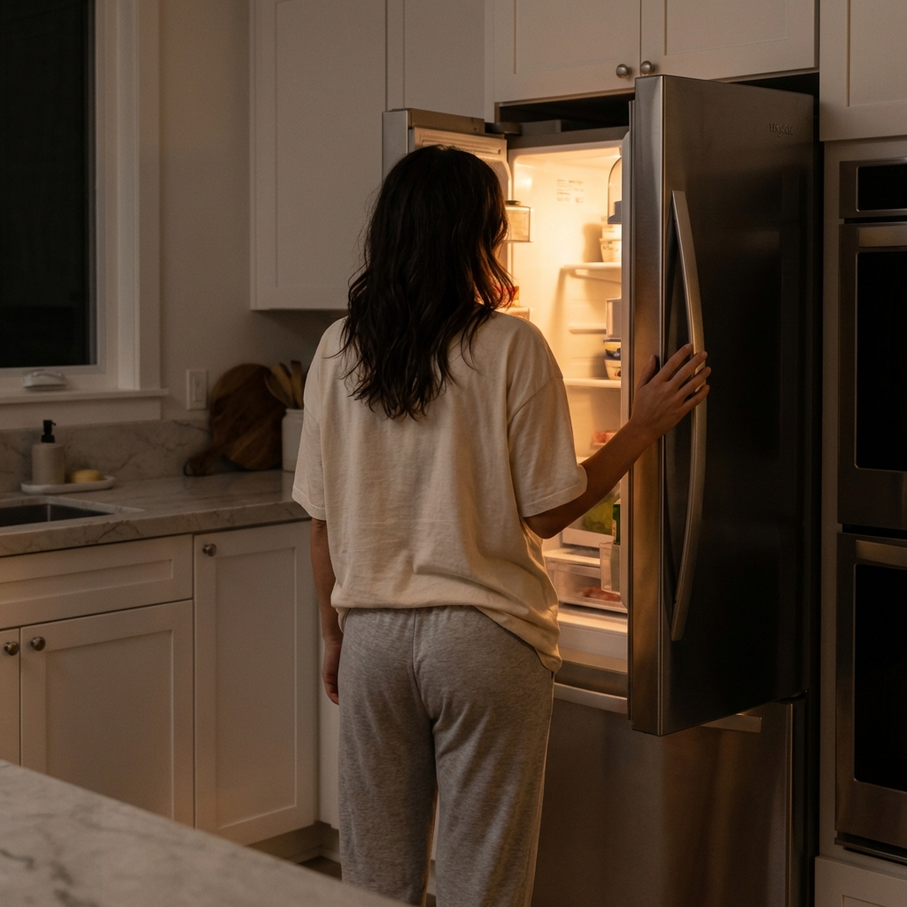 Woman standing at open refrigerator at night, illuminated by the fridge light