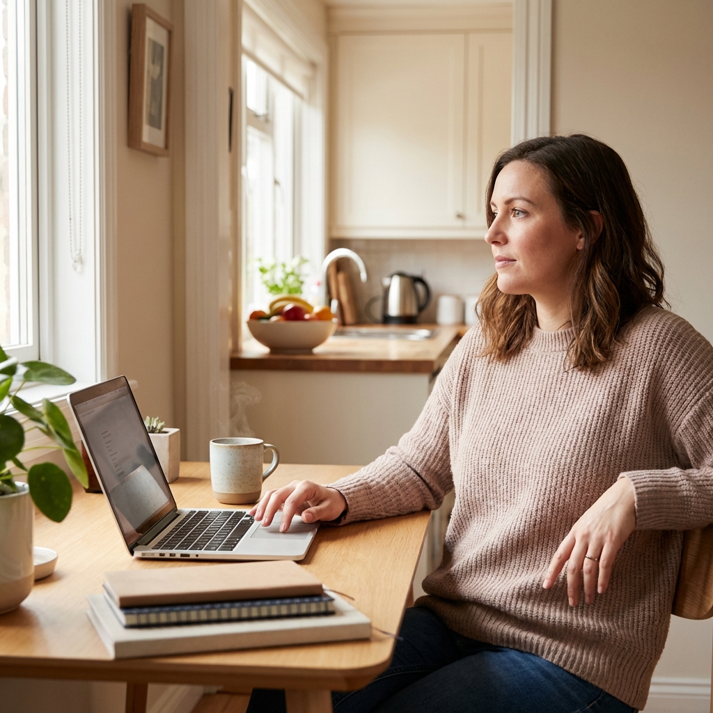 Woman sitting peacefully at kitchen table with laptop and coffee, looking calm and focused