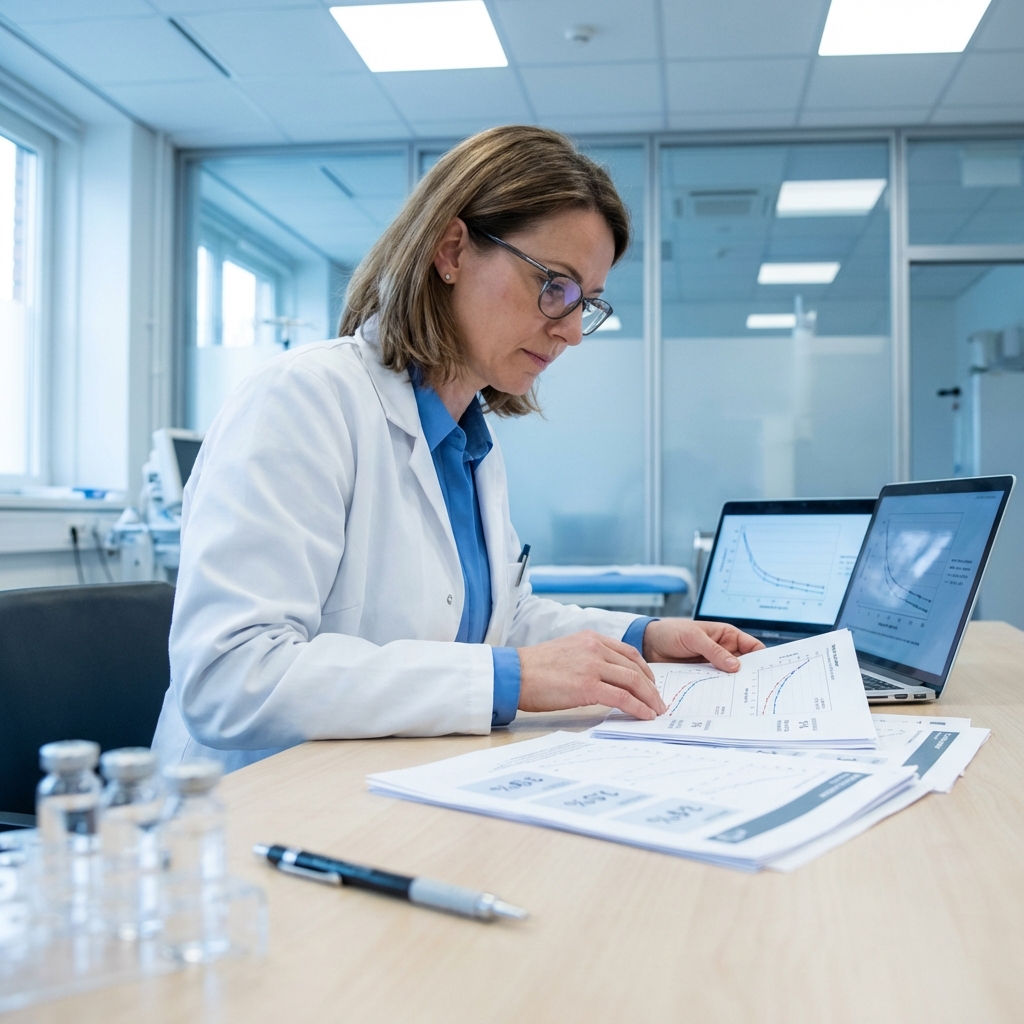 Female researcher in white lab coat reviewing clinical trial data with graphs on papers and laptop
